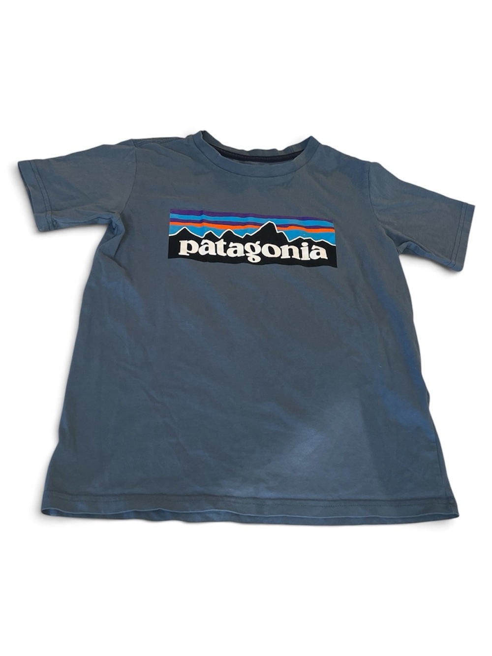 Patagonia Kids Short Sleeve Tee in Slate Blue with Multicolor Logo